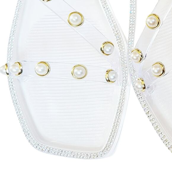 NWT Steve Madden Women's Studded Pearl Embellished Slide-On Flat Sandals - Picture 4 of 7